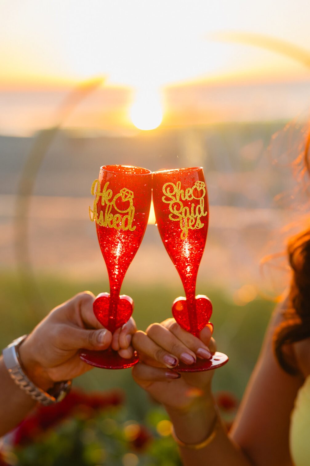 Couple toasting with red engagement glasses at sunset with roses in the background